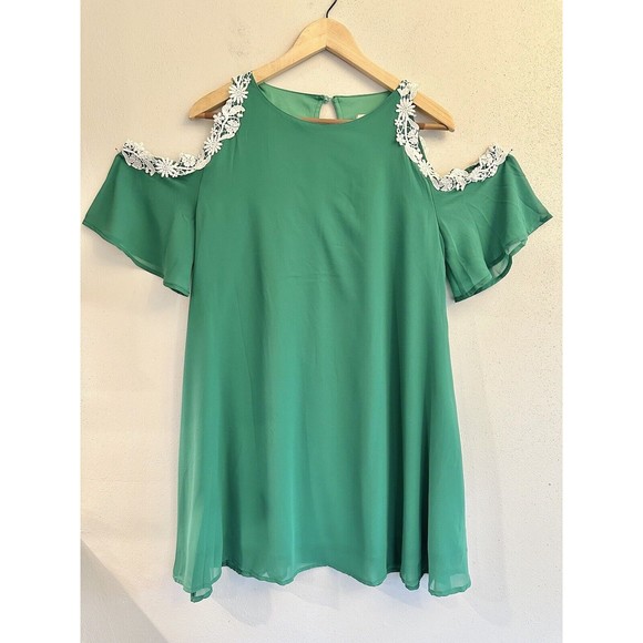 ROIII FASHION Emerald Green  Embroidered Cold‎ Shoulder Sz L - Picture 1 of 12